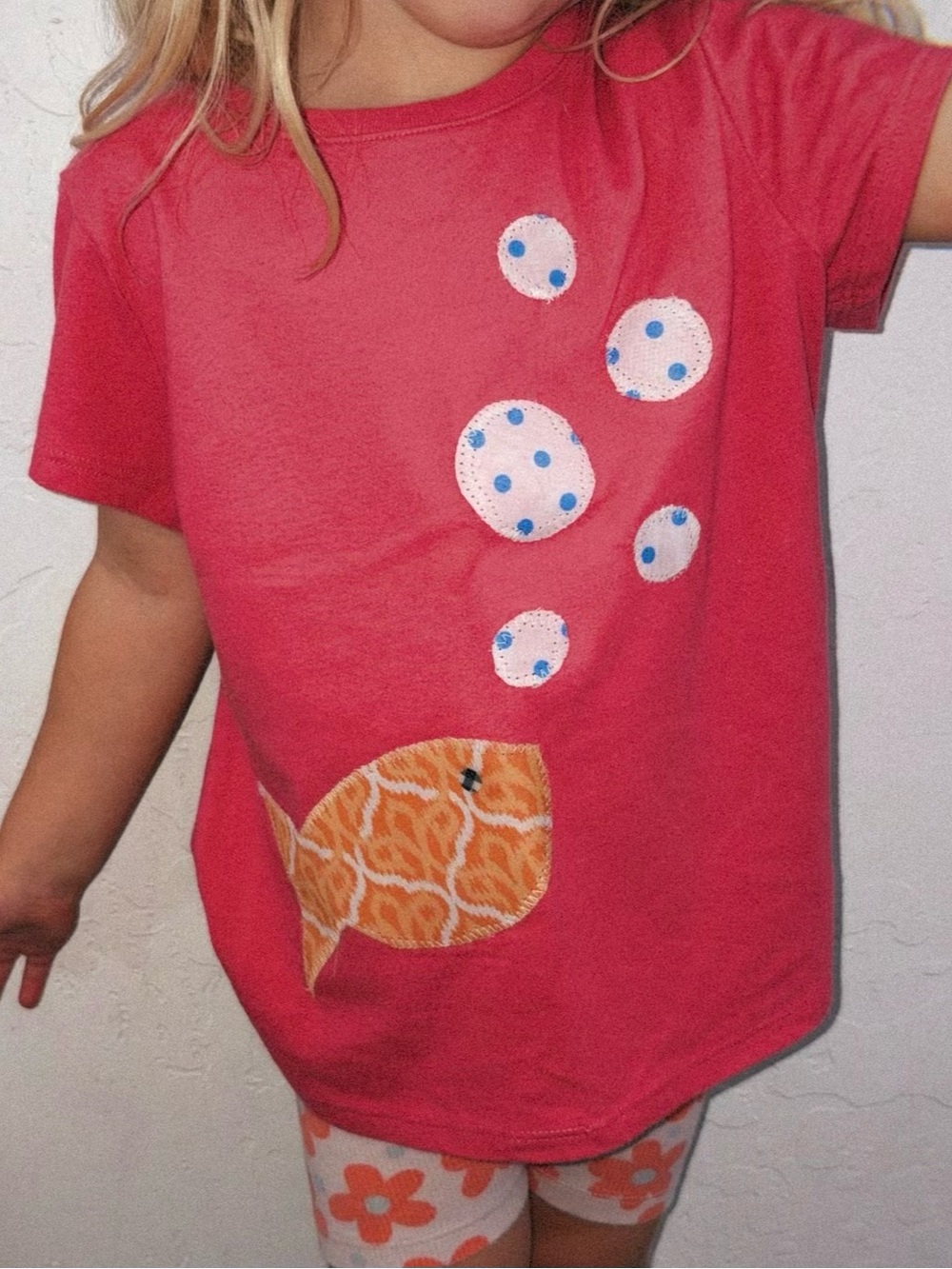 Upcycled wonder nation Tee with Gold Fish Appliqué